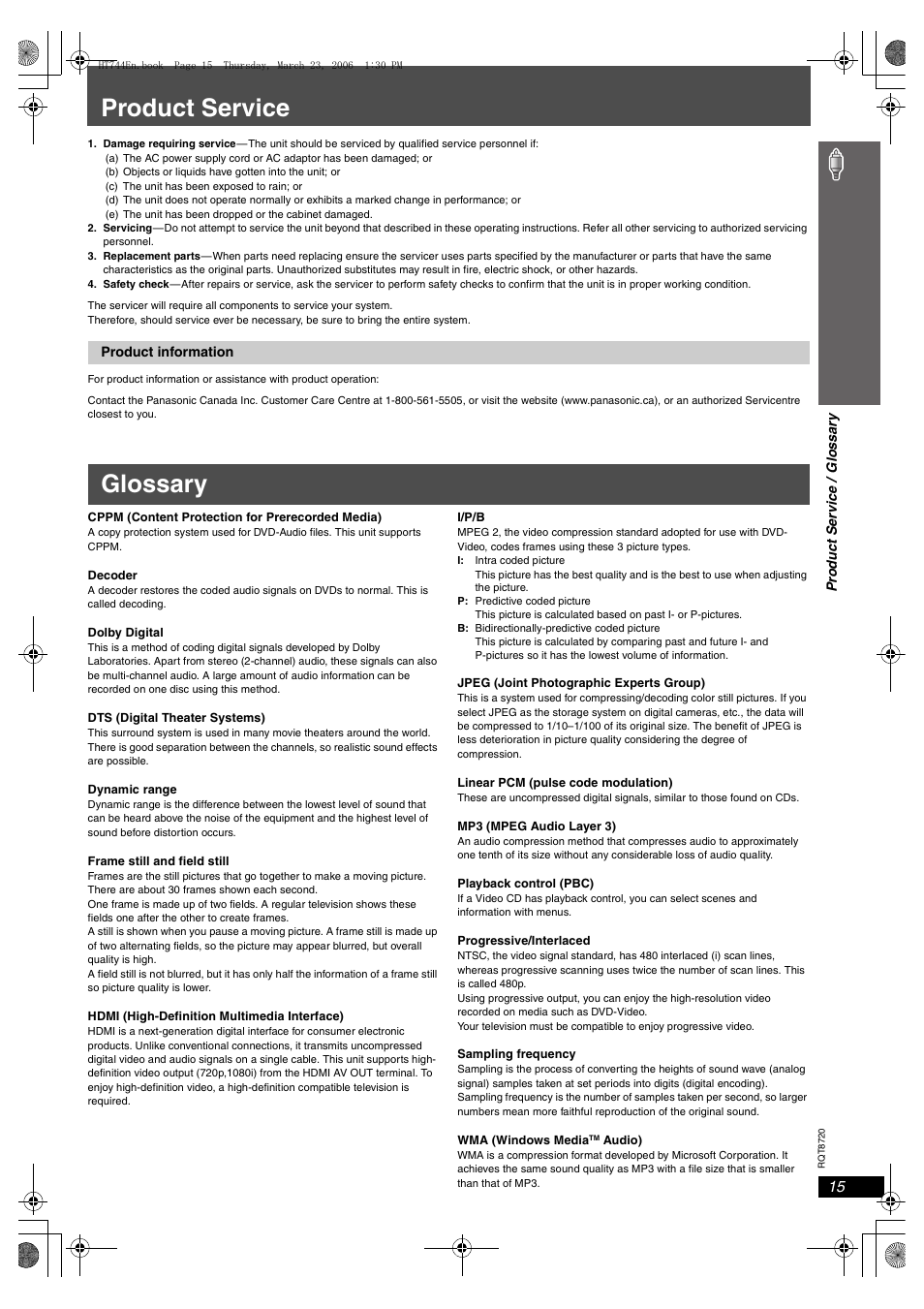 Product service, Glossary | Panasonic SC-HT744 User Manual | Page 15 / 38
