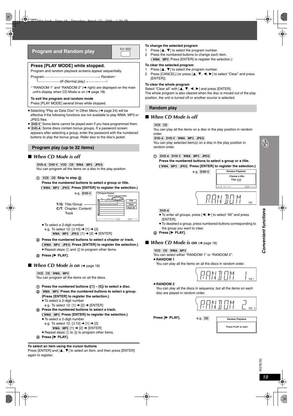 When cd mode is off, When cd mode is on, Program and random play | Con v eni e nt fu nctio n s, Press [play mode] while stopped, Program play (up to 32 items), Random play | Panasonic SC-HT744 User Manual | Page 19 / 38