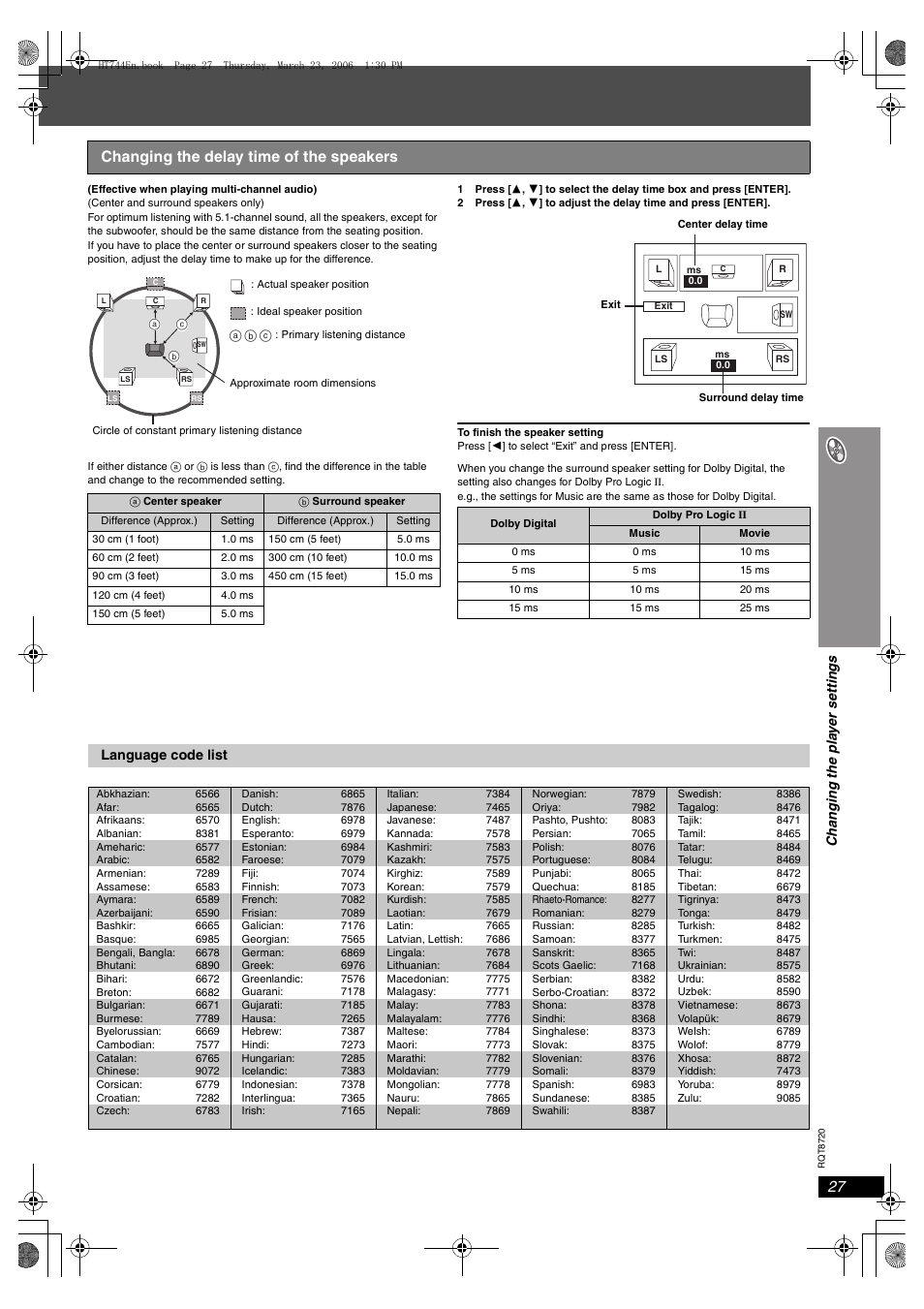 Changing the delay time of the speakers | Panasonic SC-HT744 User Manual | Page 27 / 38