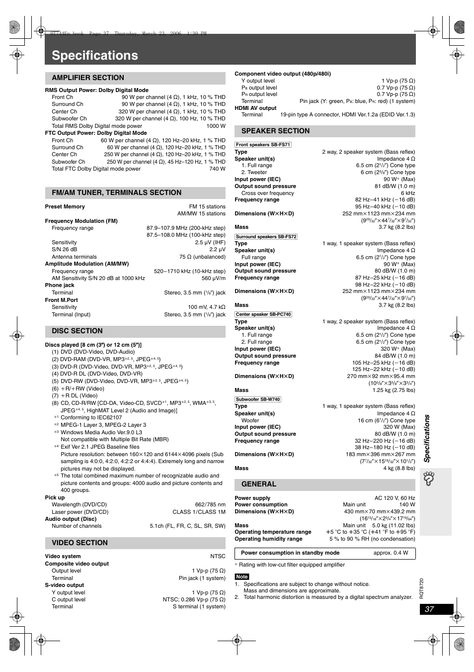 Specifications, Spe c ifi cati ons | Panasonic SC-HT744 User Manual | Page 37 / 38