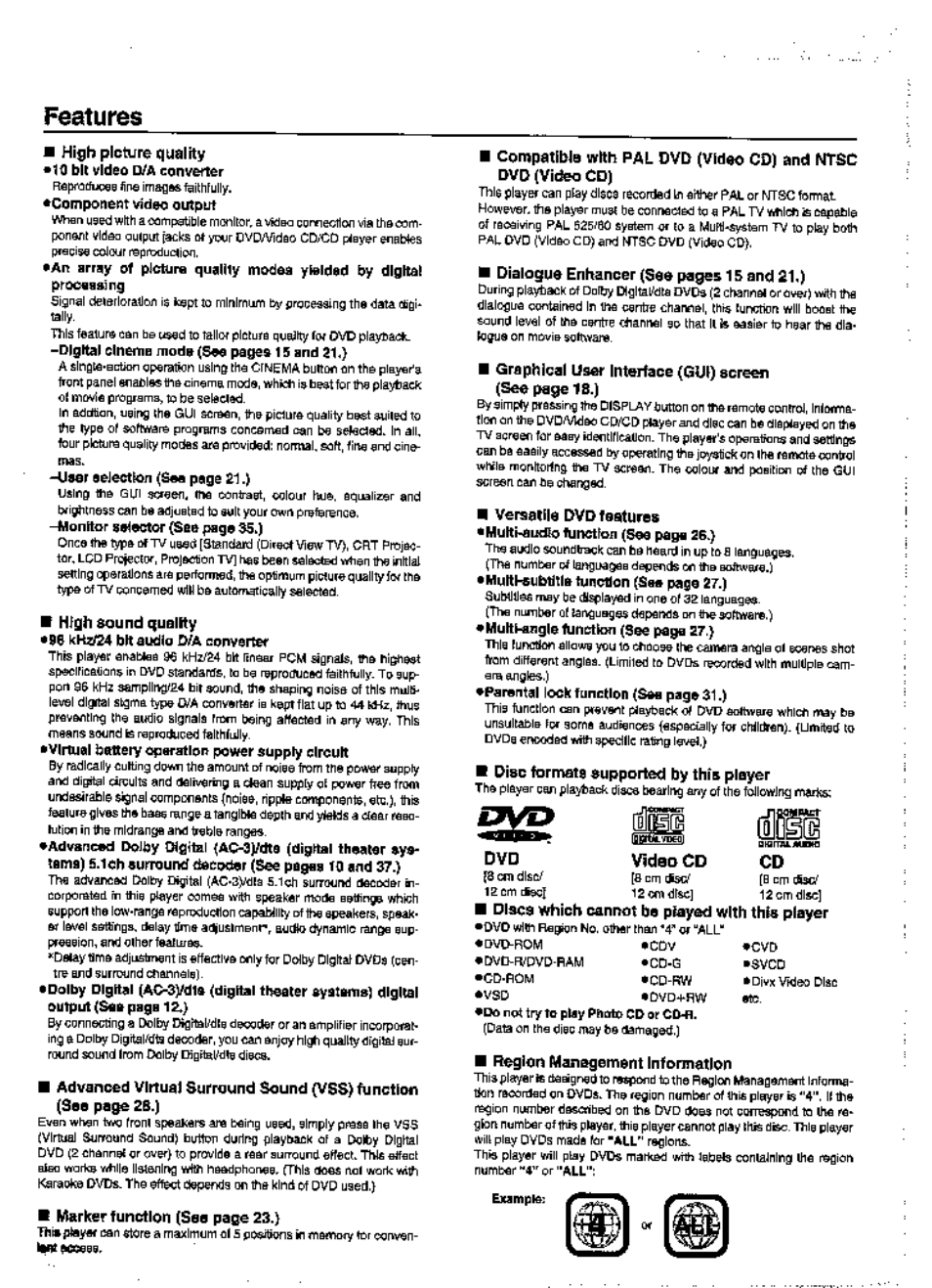 Features, Dvd vid0o cd, High sound quality | Hlitrker function (see page 23.), Dialogue enhancer (see pages 15 and 21.), Disc formate supported by this player, Discs, Ba pla)^ with this player, Region management infcrmatlon | Panasonic DVD-A360A User Manual | Page 4 / 47