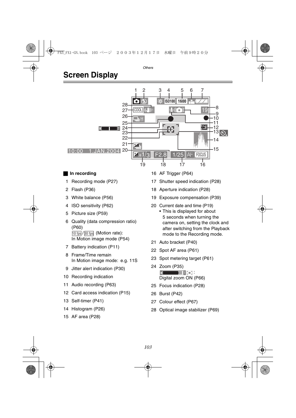 Screen display | Panasonic DMC-FX1GN User Manual | Page 103 / 120