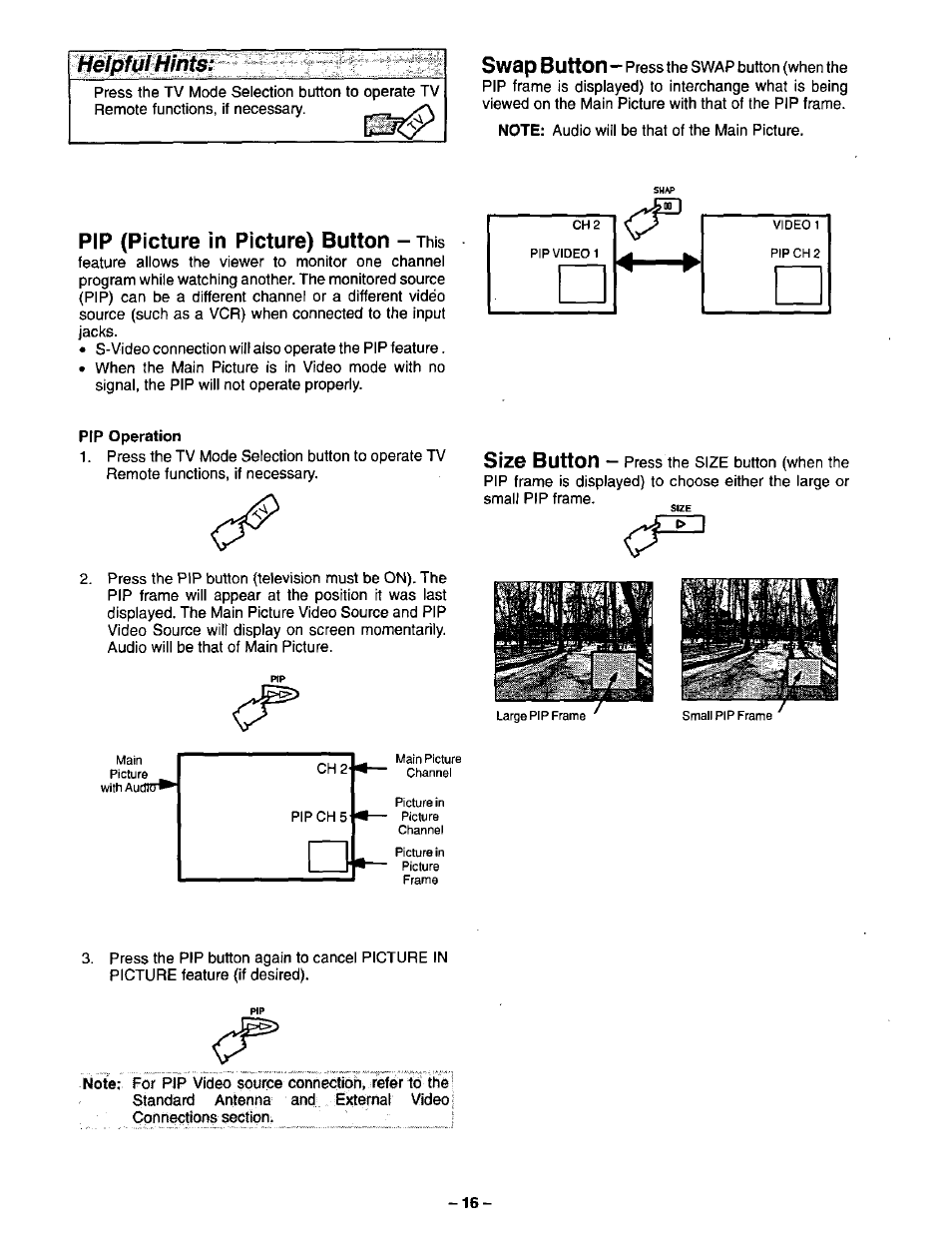 Pip (picture in picture) button - this, Pip (picture in picture) button, Swsp button | Size button | Panasonic CT-35G31 User Manual | Page 16 / 36
