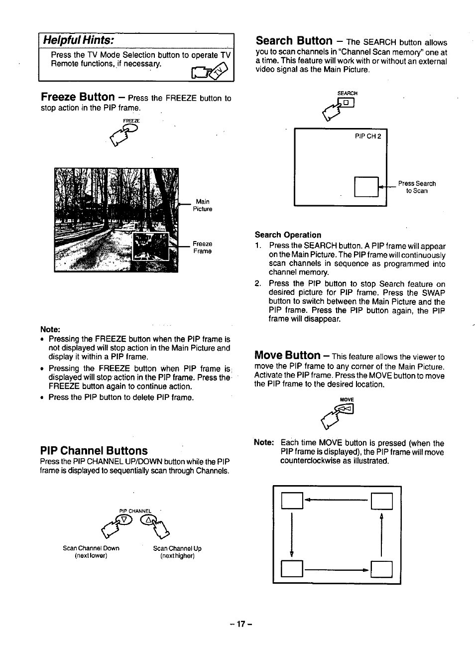 Note, Pip channel buttons, Search operation | Helpful hints, Freeze button, Search button, Move button | Panasonic CT-35G31 User Manual | Page 17 / 36