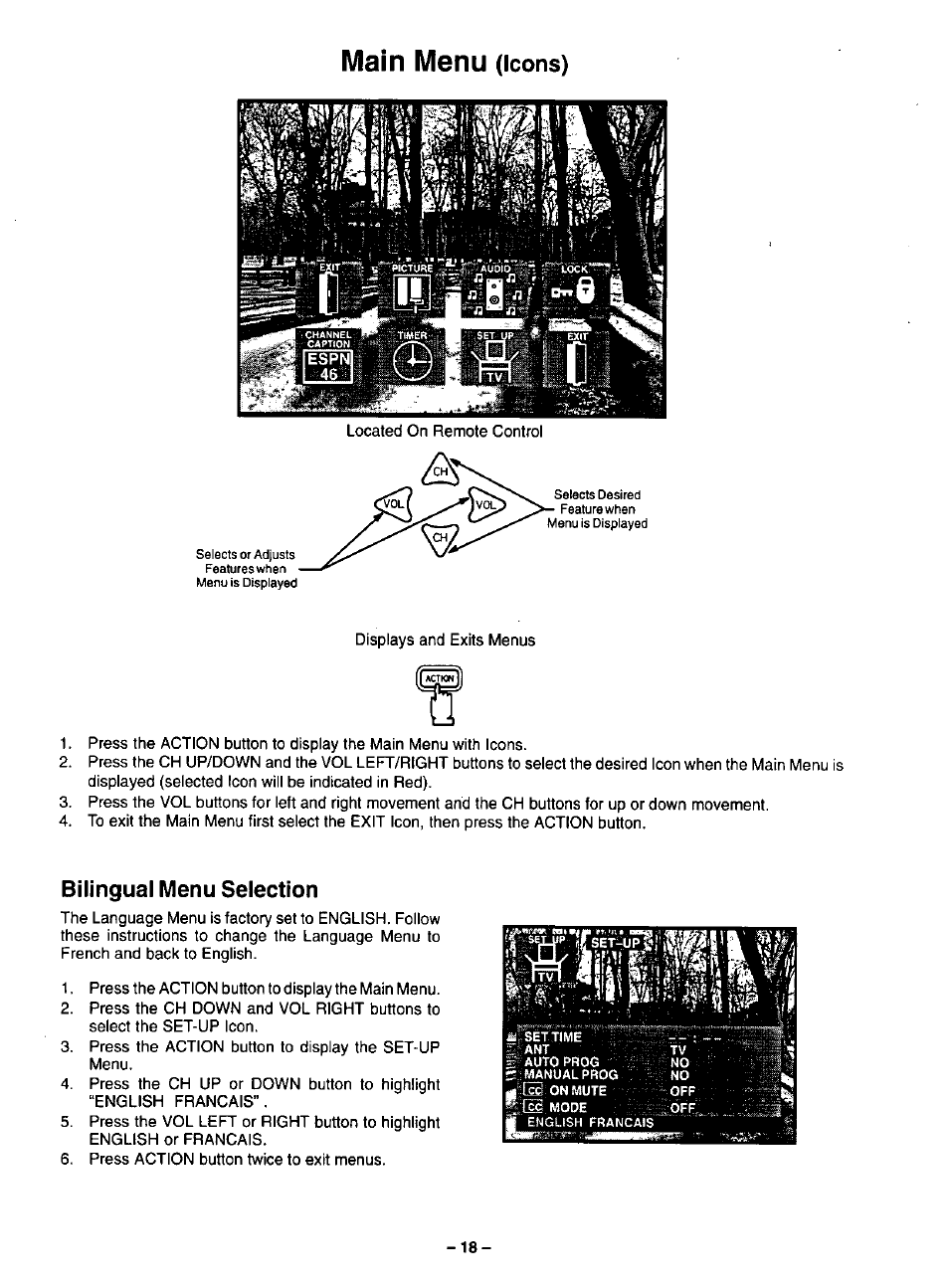 Main menu (icons), Bilingual menu selection, Main menu | Icons) | Panasonic CT-35G31 User Manual | Page 18 / 36