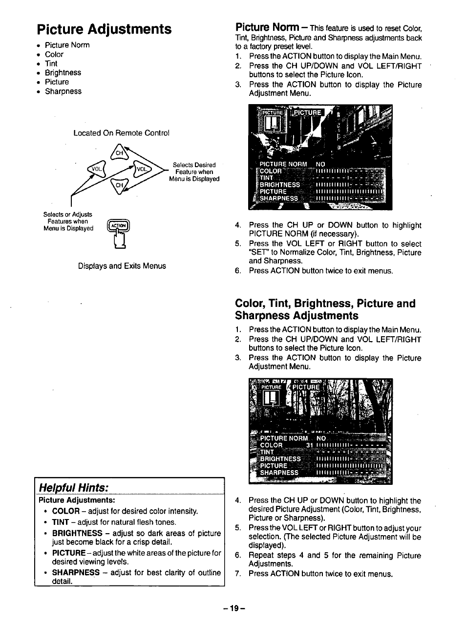 Picture adjustments, Picture nornri, Helpful hints | Panasonic CT-35G31 User Manual | Page 19 / 36