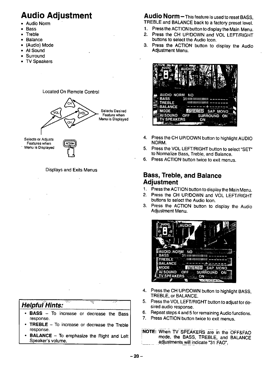 Audio adjustment, Audio adjustments, Audio norrn | Bass, treble, and balance adjustment, Helpful hints | Panasonic CT-35G31 User Manual | Page 20 / 36