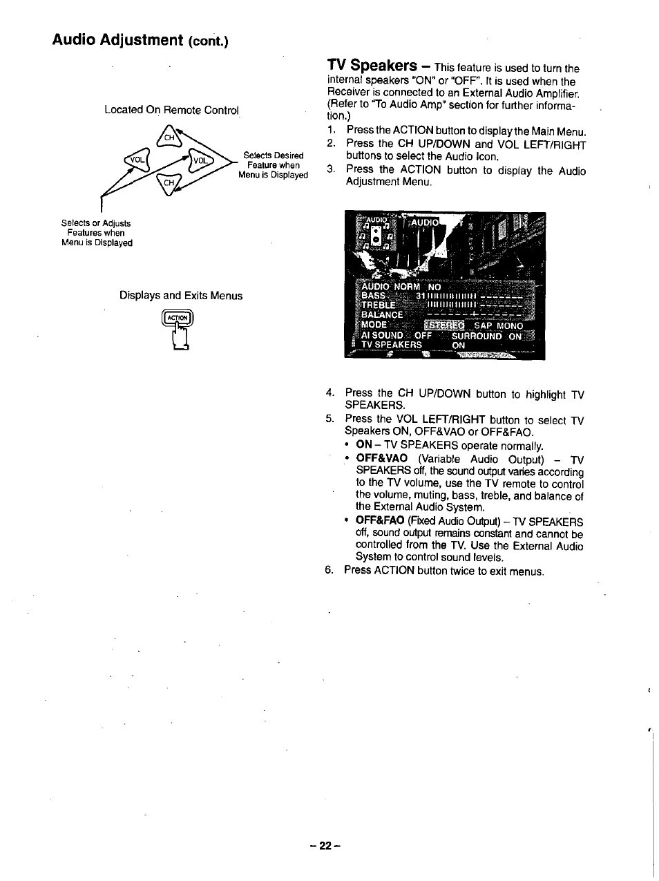 Audio adjustment, Tv speakers | Panasonic CT-35G31 User Manual | Page 22 / 36