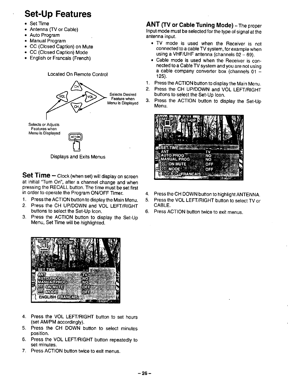 Set-up features, Set time | Panasonic CT-35G31 User Manual | Page 26 / 36