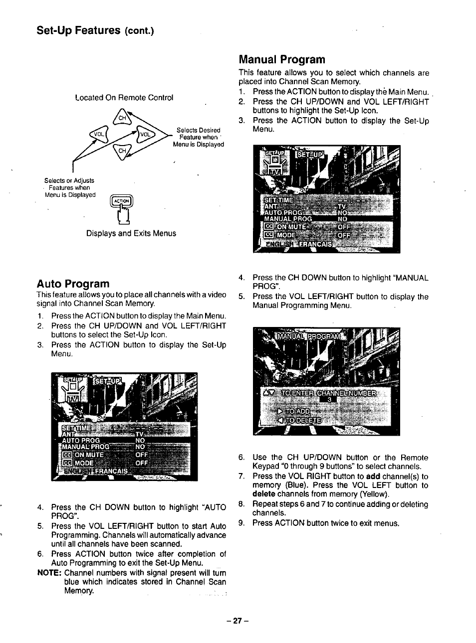Set-up features, Manual program, Auto program | Panasonic CT-35G31 User Manual | Page 27 / 36