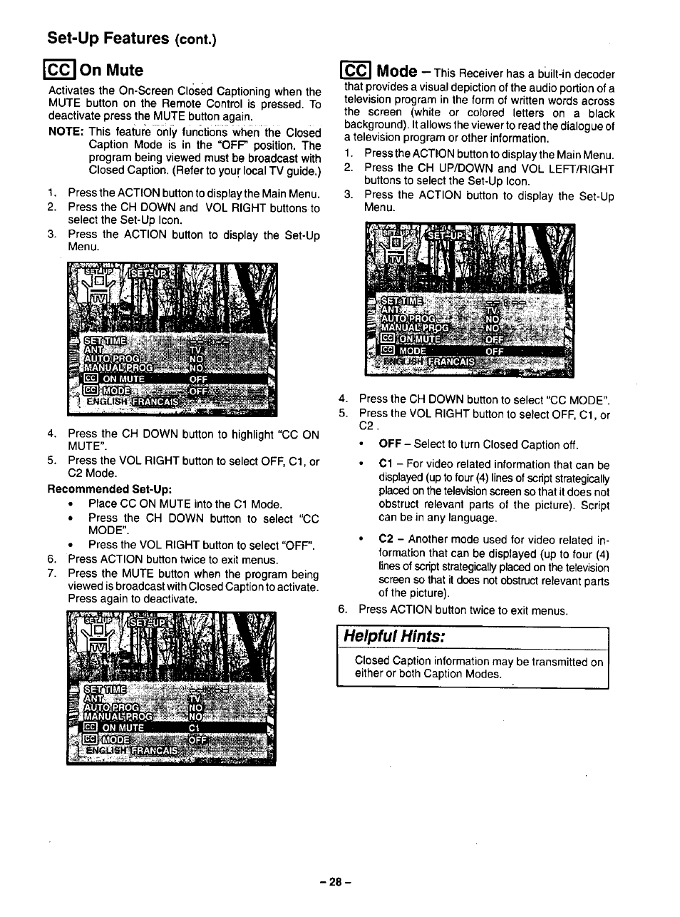 Set-up features, Icclon mute, Feel mode | Helpful hints | Panasonic CT-35G31 User Manual | Page 28 / 36
