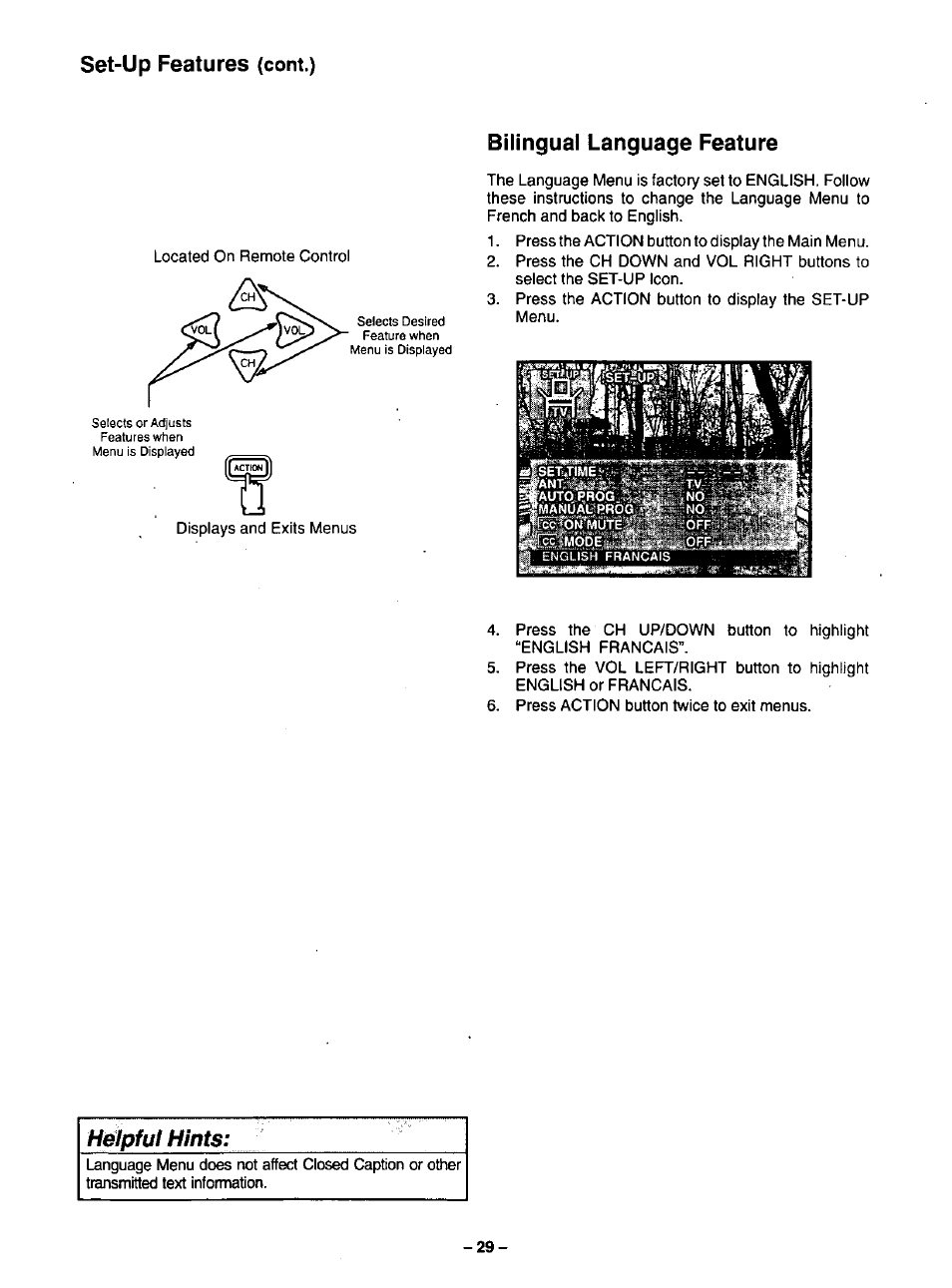 Bilingual language feature, Bilingual menu feature, Set-up features (cont.) | Helpful hints | Panasonic CT-35G31 User Manual | Page 29 / 36