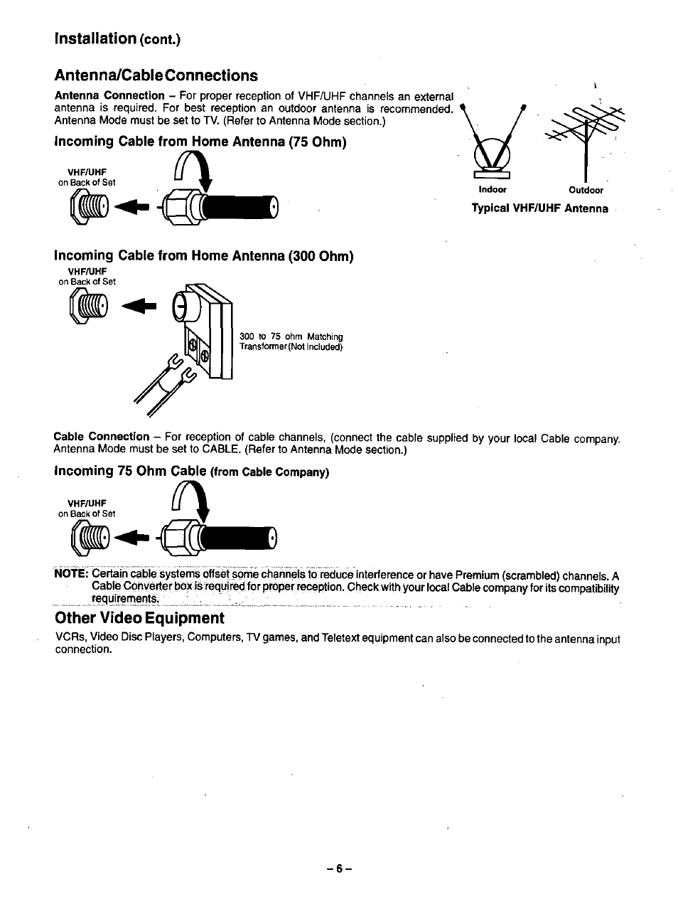 Installation (coni.), Antenna/cableconnections, Incoming cable from home antenna (75 ohm) | Incoming cable from home antenna (300 ohm), Incoming 75 ohm cable (from cable company), Other video equipment, Antenna/cable connections other video equipment, Installation | Panasonic CT-35G31 User Manual | Page 6 / 36