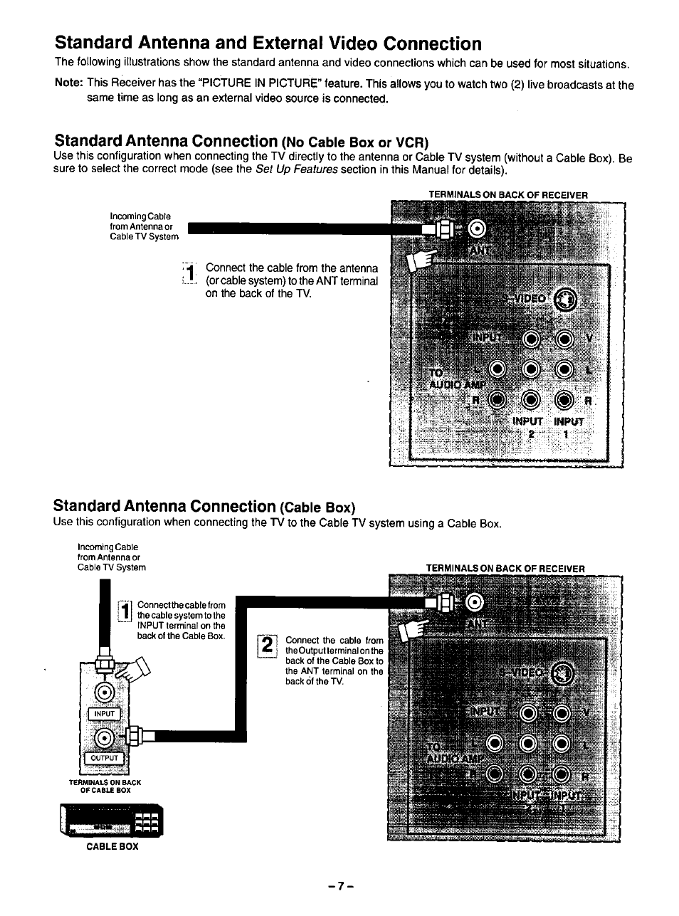Standard antenna connection (no cable box or vcr), Standard antenna connection (cable box), Standard antenna and external video connection | Standard antenna connection, Vcr) | Panasonic CT-35G31 User Manual | Page 7 / 36