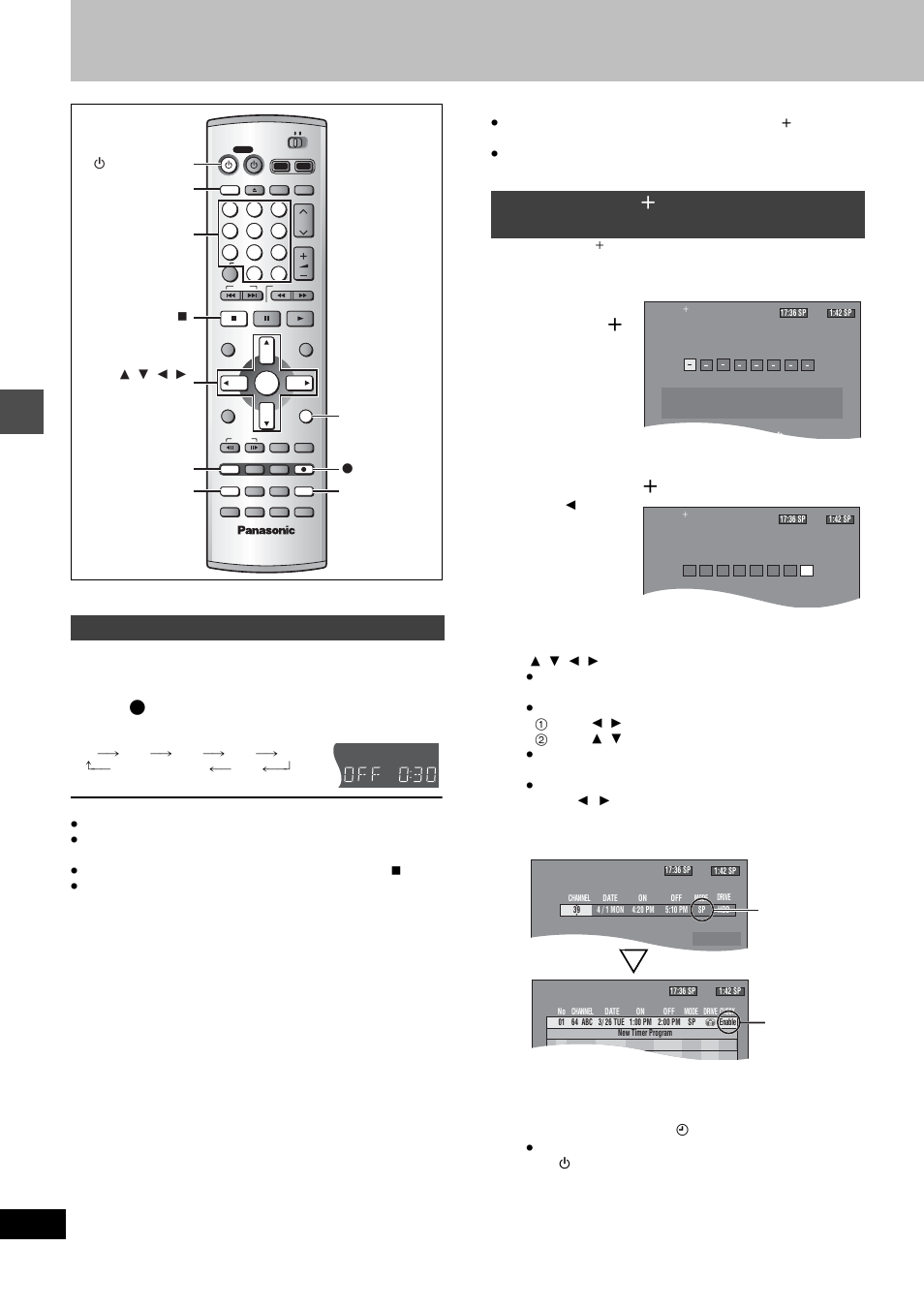 Timer recording, Press [ ¥ , rec] to select the recording time, Press [vcr plus r | Press [enter, Press [return, Specify a time to stop recording, Using vcr plus r codes to make timer recordings, Timer recor d ing | Panasonic DMR-E80H User Manual | Page 24 / 64