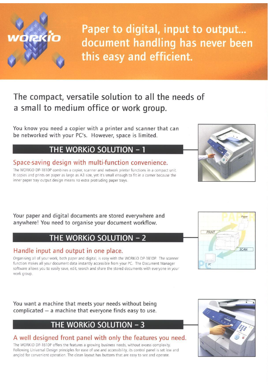 The workio solution - 1, The workio solution - 2, The workio solution - 3 | Handle input and output in one place | Panasonic DP-1810P User Manual | Page 2 / 4