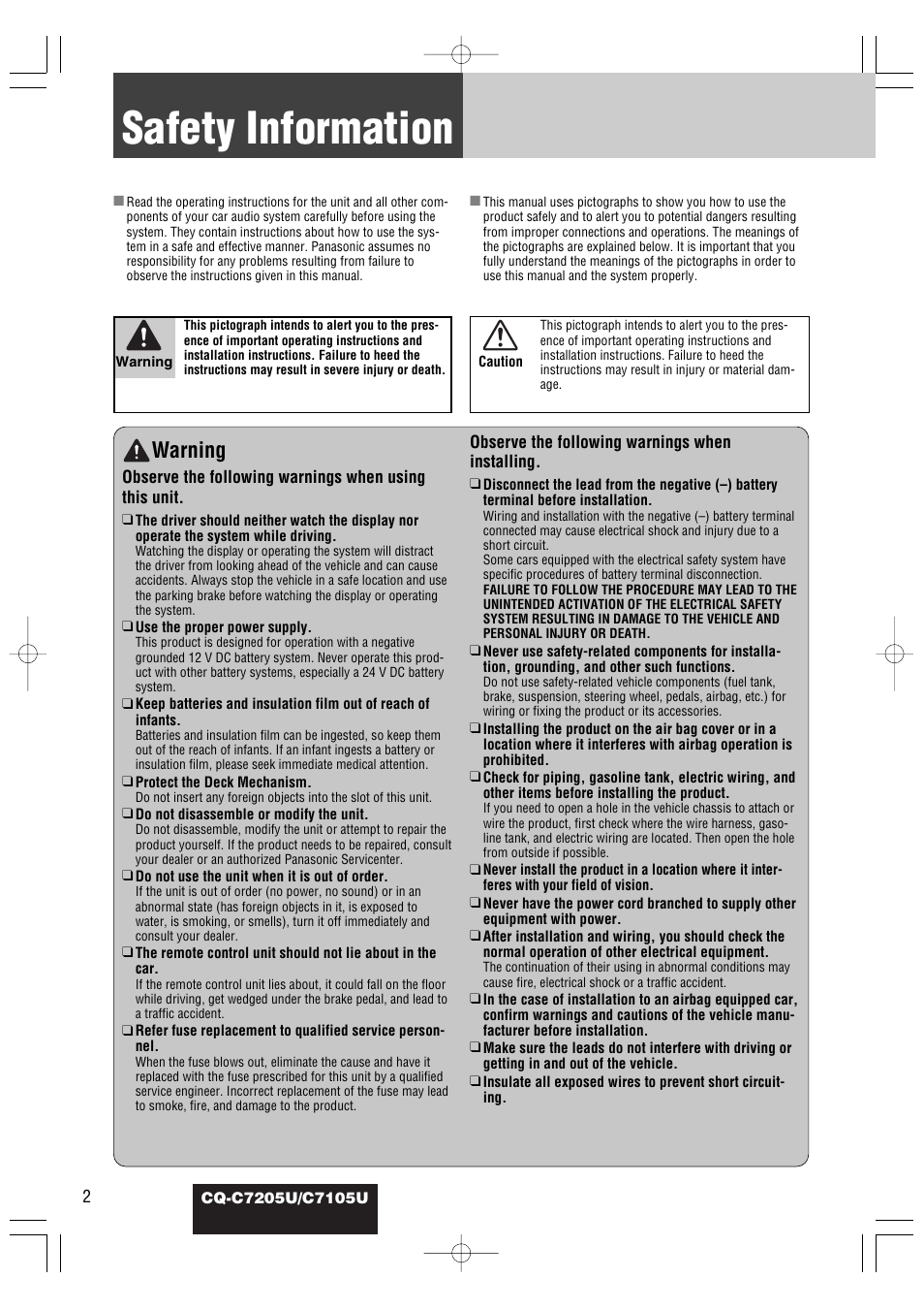 Common, Safety information, Warning | Panasonic CQ-C7105U User Manual | Page 2 / 68