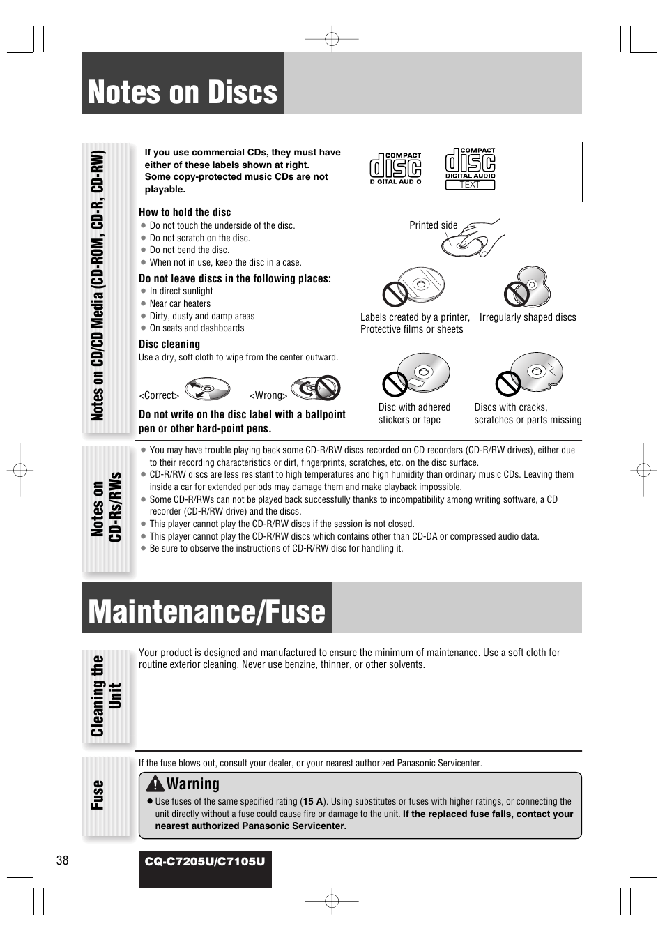 Notes on discs, Maintenance/fuse, Cleaning the unit fuse | Warning | Panasonic CQ-C7105U User Manual | Page 38 / 68