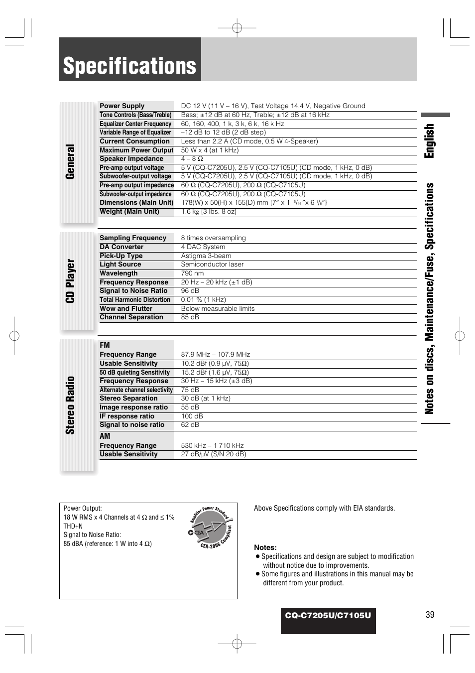 Specifications, English, General | Cd player, Stereo radio | Panasonic CQ-C7105U User Manual | Page 39 / 68
