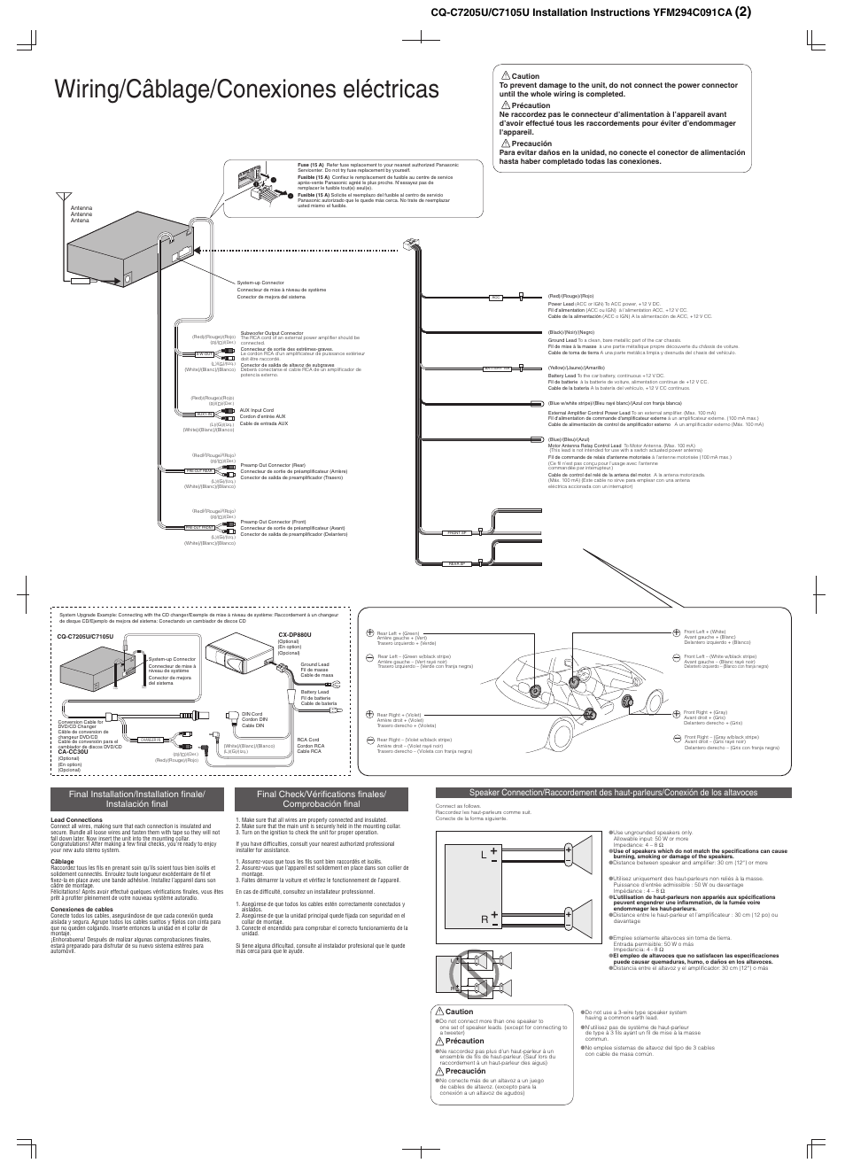 Wiring/câblage/conexiones eléctricas, Caution, Précaution | Precaución | Panasonic CQ-C7105U User Manual | Page 44 / 68