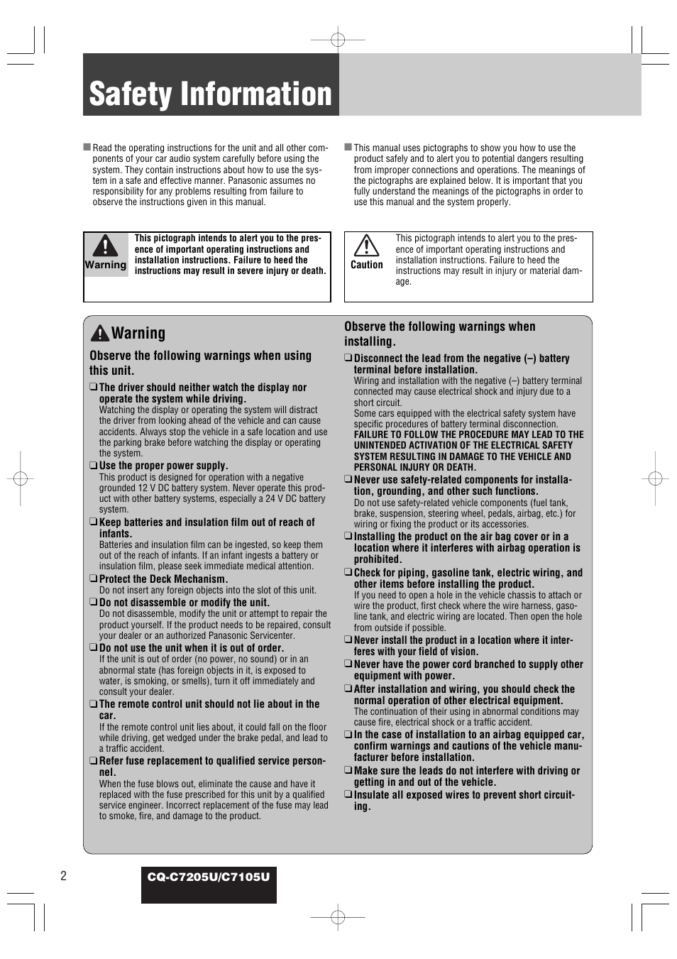 Safety information, Warning | Panasonic CQ-C7105U User Manual | Page 46 / 68