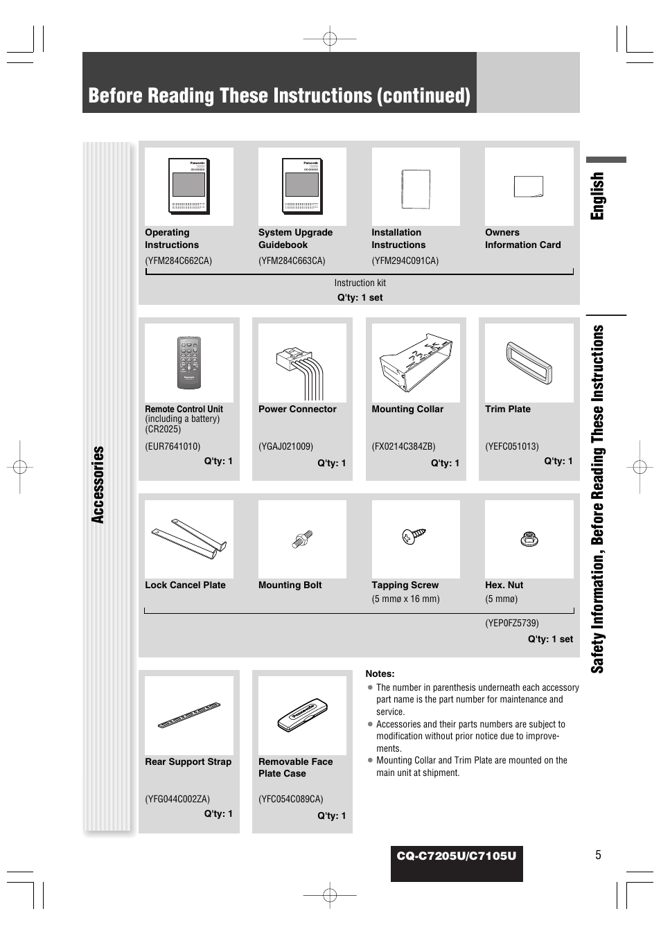 Before reading these instructions (continued), English | Panasonic CQ-C7105U User Manual | Page 5 / 68