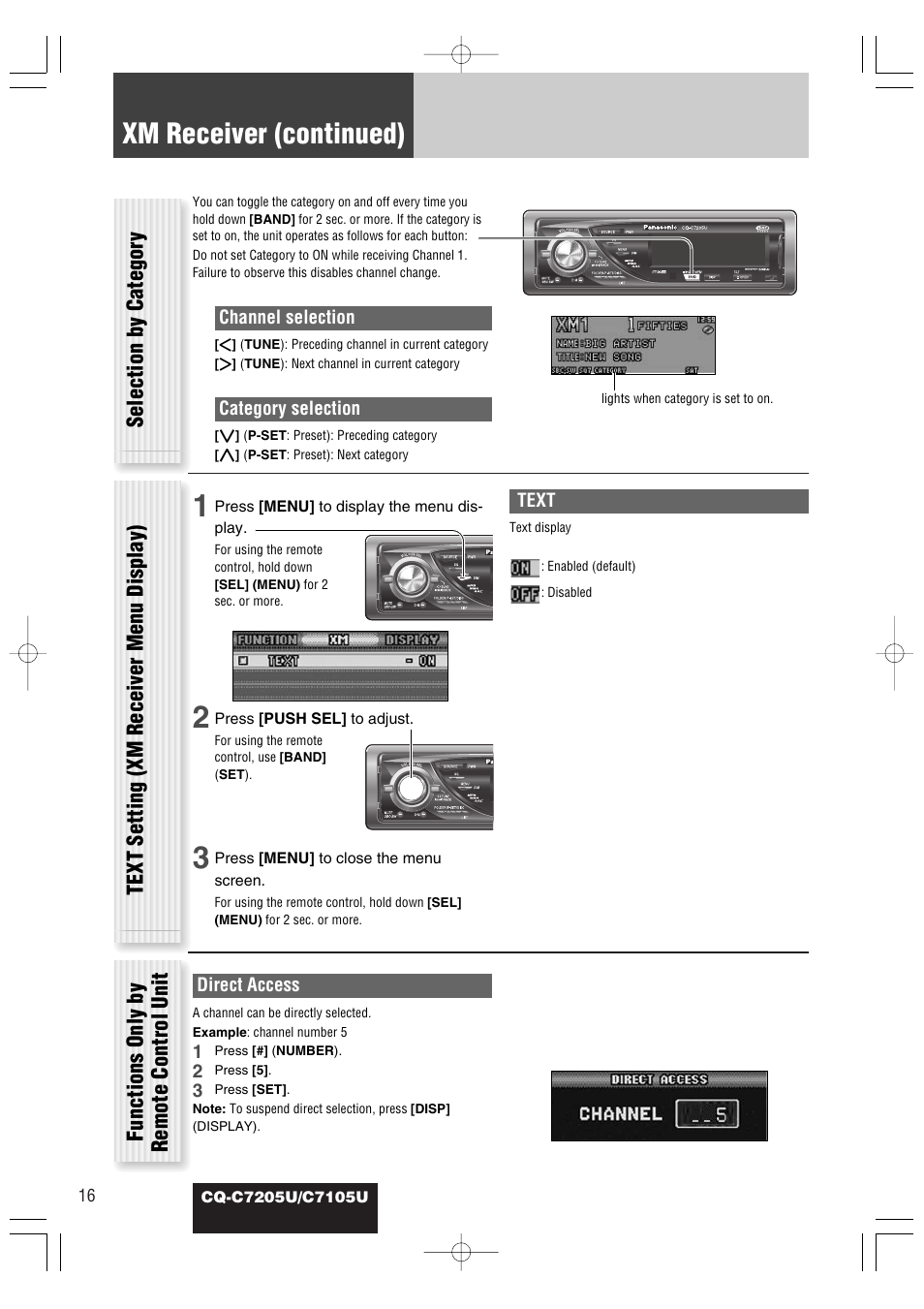 Xm receiver (continued), Text setting (xm receiver menu display) | Panasonic CQ-C7105U User Manual | Page 60 / 68