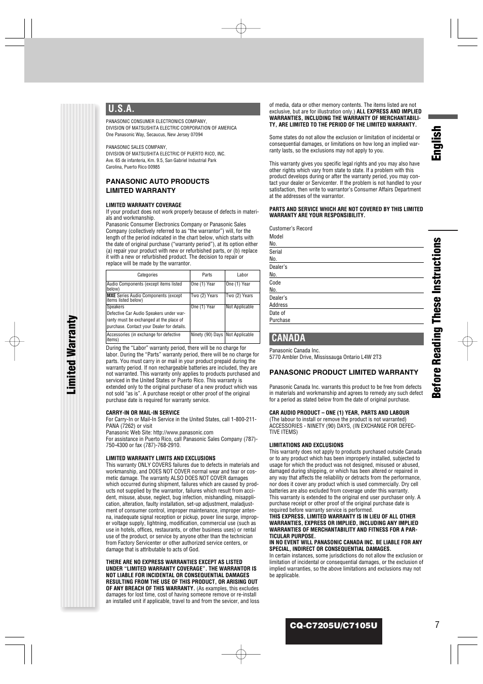 English, Before reading these instructions, Limited w a rranty | U.s.a, Canada | Panasonic CQ-C7105U User Manual | Page 7 / 68
