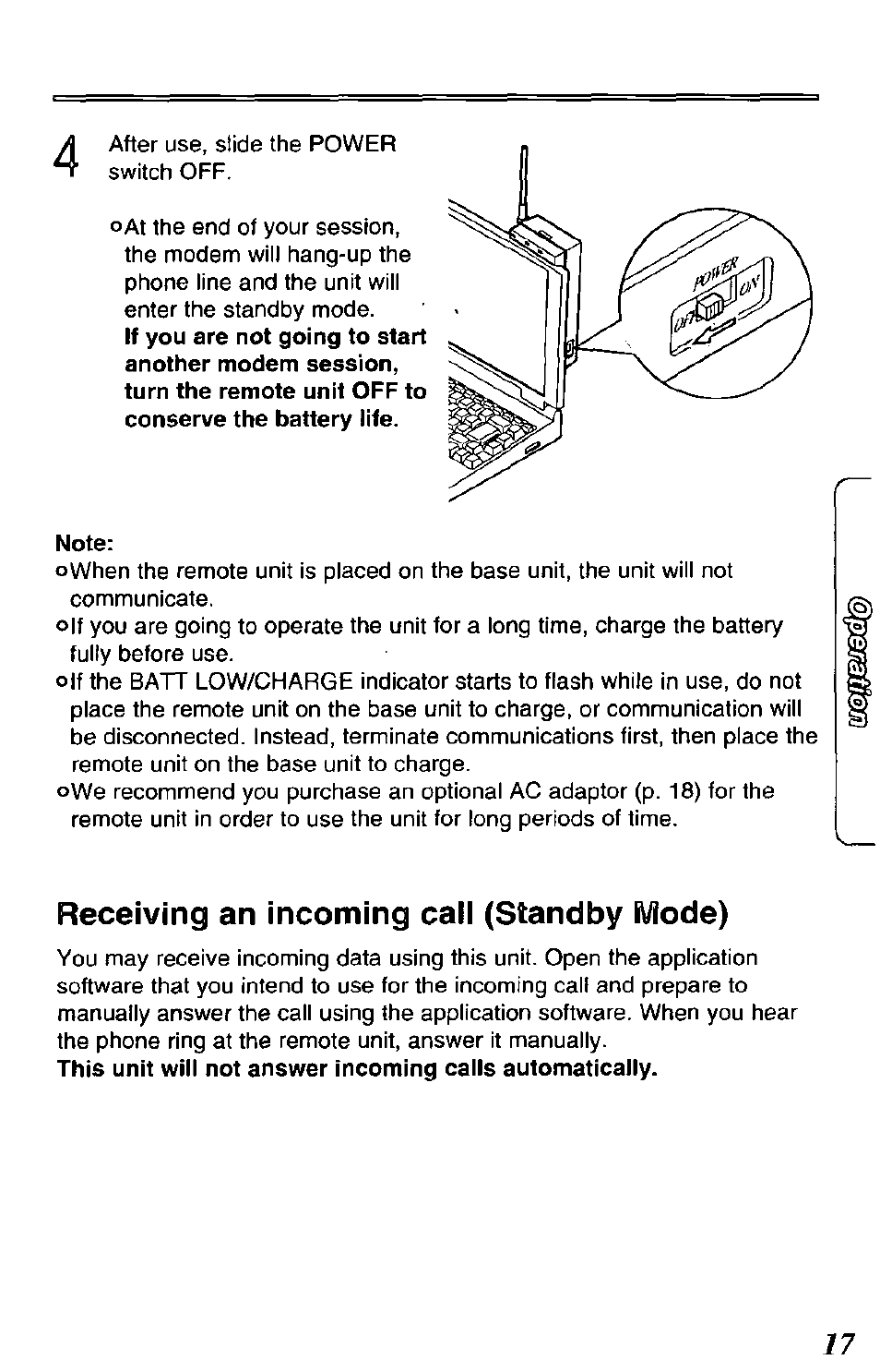 Note, Receiving an incoming call (standby mode) | Panasonic DATA LINK KX-TCL100-B User Manual | Page 17 / 32