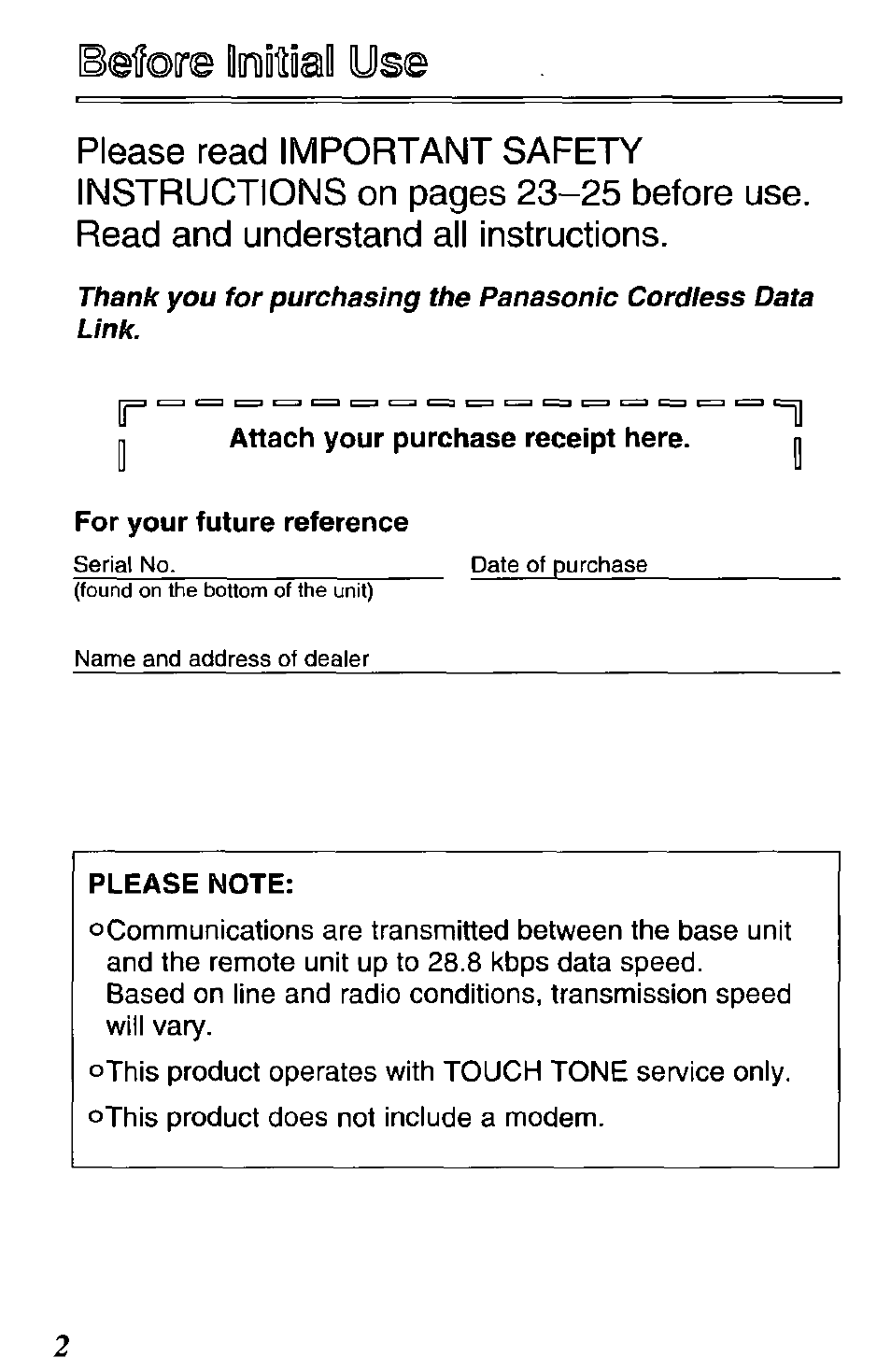 Before lodfiall use | Panasonic DATA LINK KX-TCL100-B User Manual | Page 2 / 32