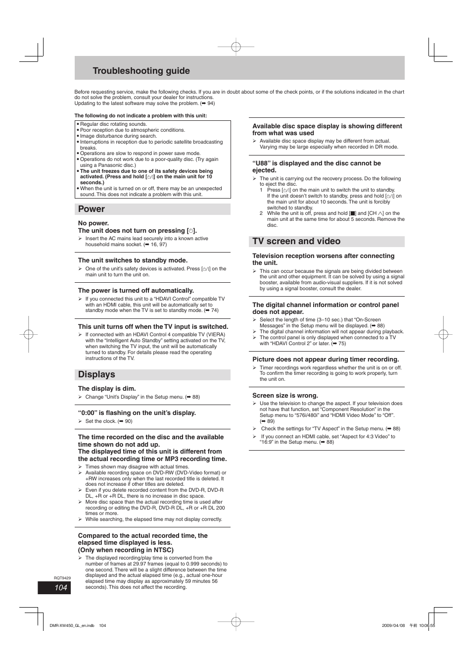 Troubleshooting guide, Power, Displays | Tv screen and video | Panasonic DMR-XW350 User Manual | Page 104 / 120