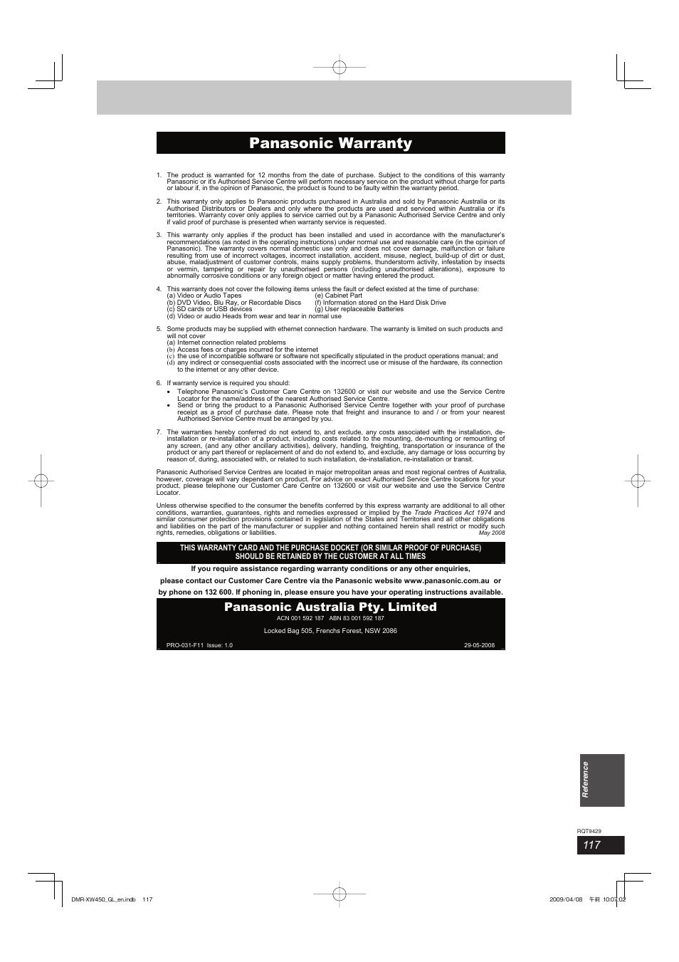 Panasonic warranty, Panasonic australia pty. limited | Panasonic DMR-XW350 User Manual | Page 117 / 120