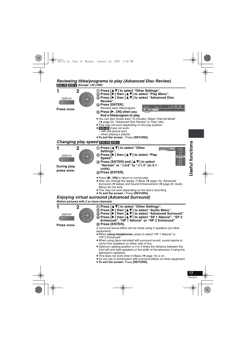 Usef ul f uncti ons, Changing play speed, Enjoying virtual surround (advanced surround) | Panasonic DVD-LS82 User Manual | Page 13 / 32