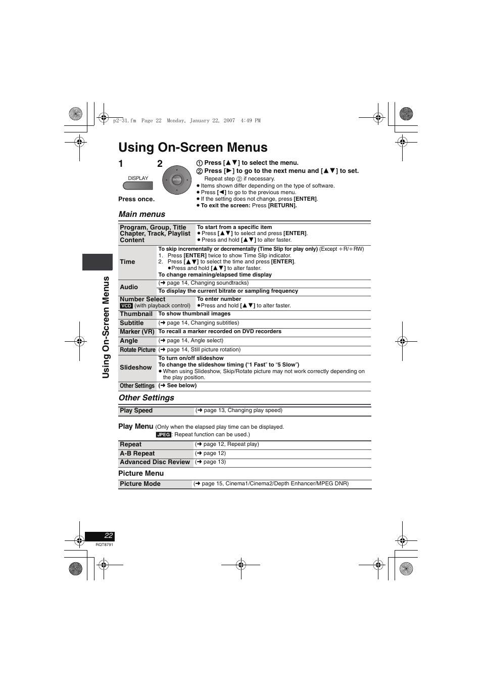Using on-screen menus, Usi ng o n -s cree n men u s | Panasonic DVD-LS82 User Manual | Page 22 / 32