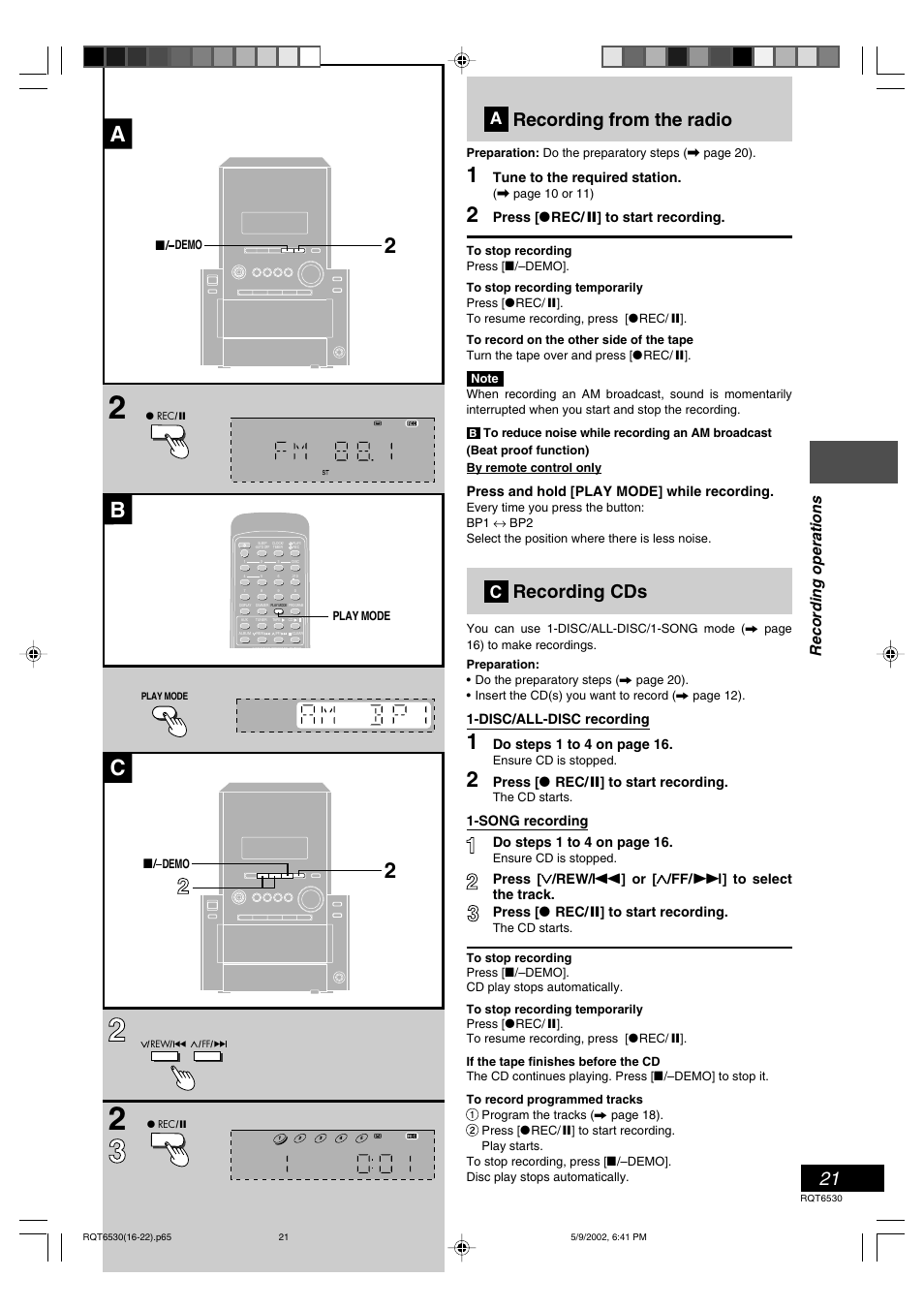 Recording from the radio, Recording cds, Ab c 2 2 | Listening operations, Recording operations | Panasonic SC-PM47 User Manual | Page 21 / 32