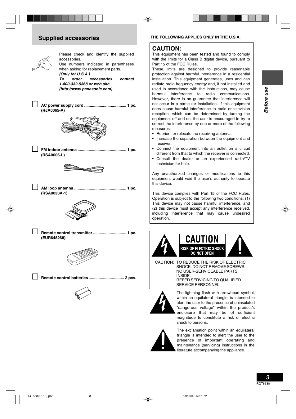 Before use, Supplied accessories, Caution | Panasonic SC-PM47 User Manual | Page 3 / 32