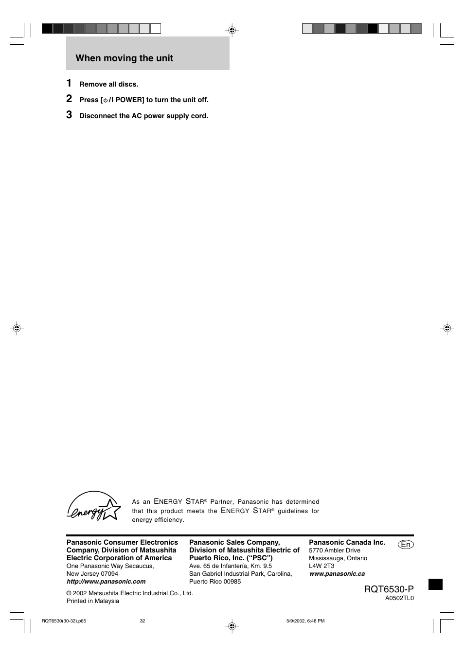 When moving the unit, Rqt6530-p | Panasonic SC-PM47 User Manual | Page 32 / 32