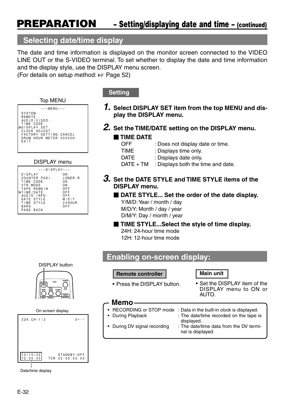 Preparation, Setting/displaying date and time, Selecting date/time display | Enabling on-screen display, Continued), Page 52), Setting, Time style...select the style of time display, E-32, Top menu display menu | Panasonic AG-DV2500P User Manual | Page 32 / 68