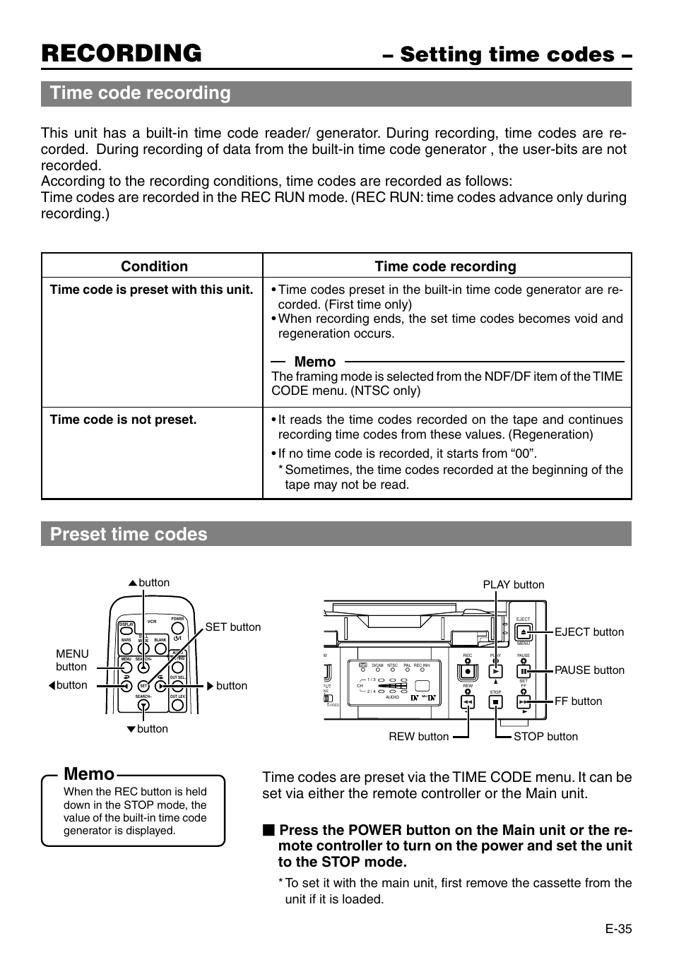 Setting time codes, Recording, Time code recording | Preset time codes, Condition time code recording, E-35 | Panasonic AG-DV2500P User Manual | Page 35 / 68