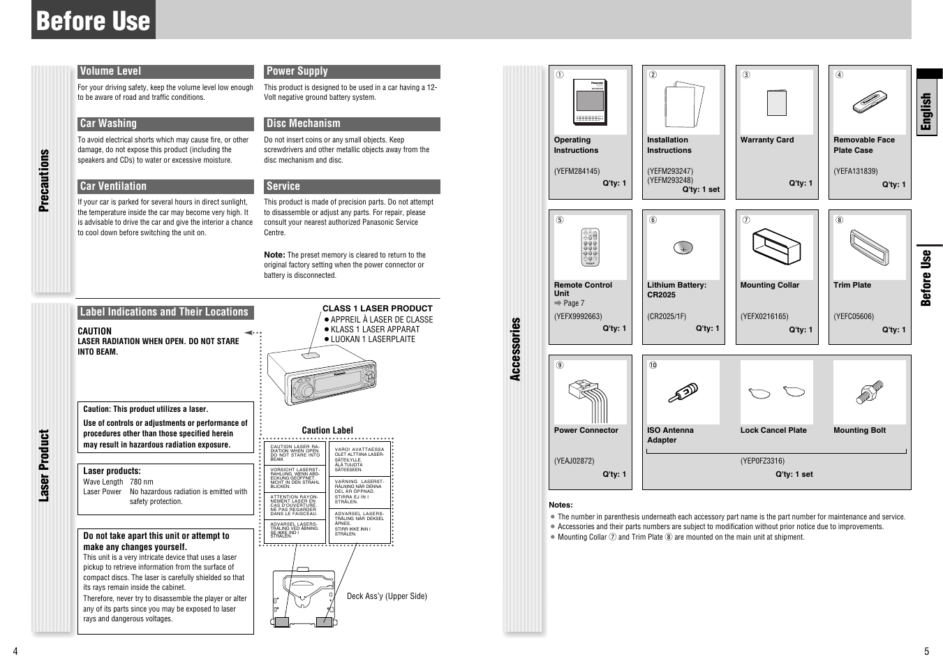 Before use, English, Before use accessories precautions laser product | Panasonic CQ-C7300N User Manual | Page 3 / 22