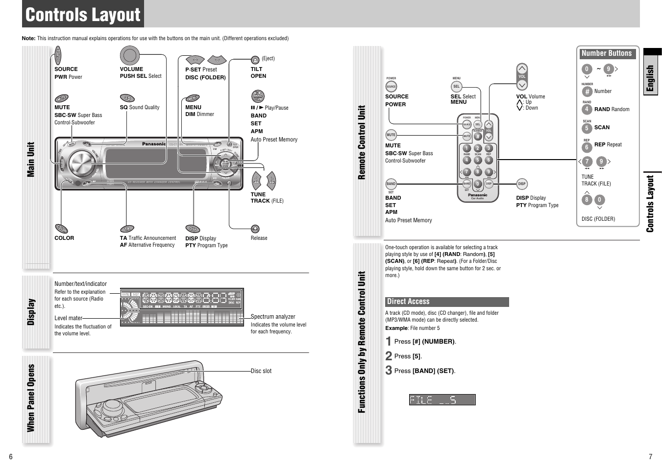 Controls layout, English, Direct access | Number buttons | Panasonic CQ-C7300N User Manual | Page 4 / 22
