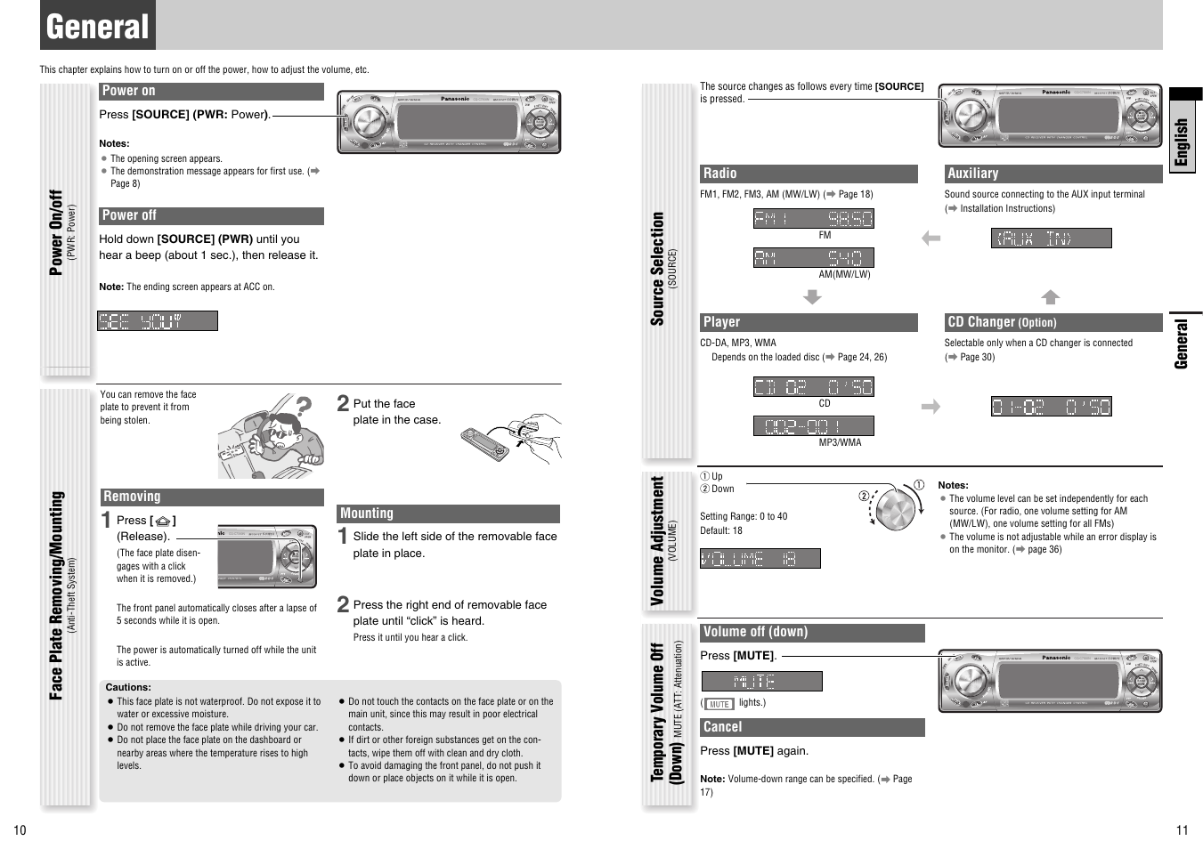 General, English, Power on/off | Face plate removing/mounting, Volume adjustment, Temporar y v olume off (down), Source selection | Panasonic CQ-C7300N User Manual | Page 6 / 22