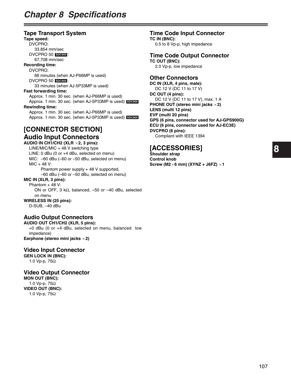 Chapter 8 specifications, Accessories | Panasonic AJ- E User Manual | Page 107 / 108