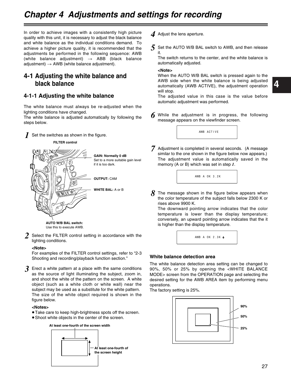 Chapter 4 adjustments and settings for recording, 1 adjusting the white balance and black balance | Panasonic AJ- E User Manual | Page 27 / 108