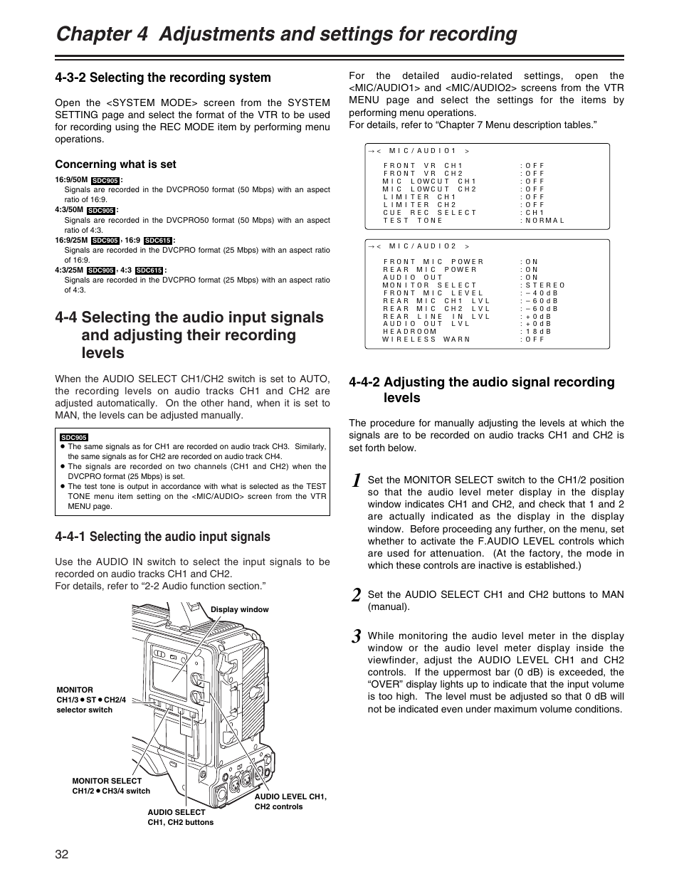 Chapter 4 adjustments and settings for recording, 4-1 selecting the audio input signals, 4-2 adjusting the audio signal recording levels | 3-2 selecting the recording system | Panasonic AJ- E User Manual | Page 32 / 108