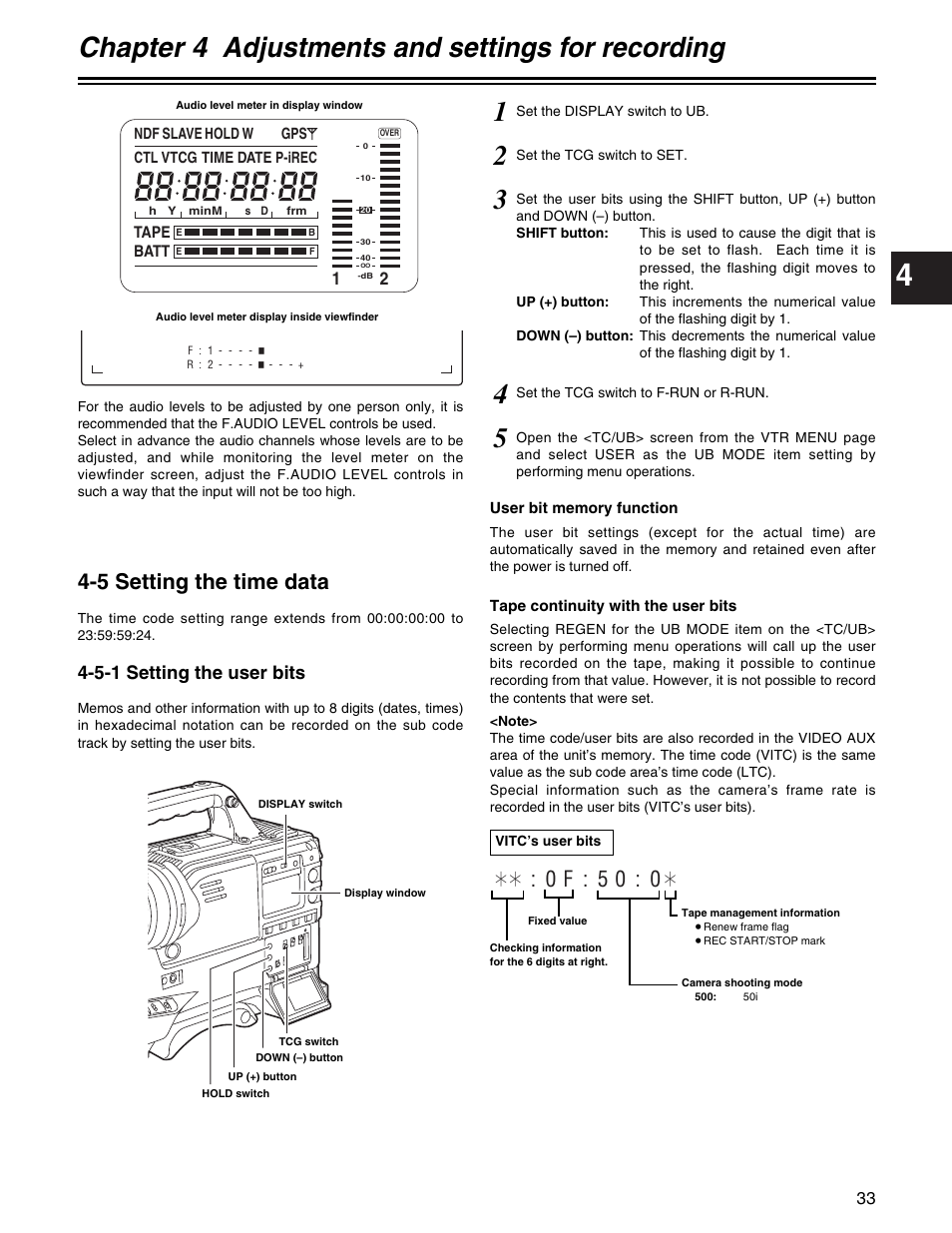 Chapter 4 adjustments and settings for recording, 5 setting the time data, 0f:50:0 | 5-1 setting the user bits | Panasonic AJ- E User Manual | Page 33 / 108