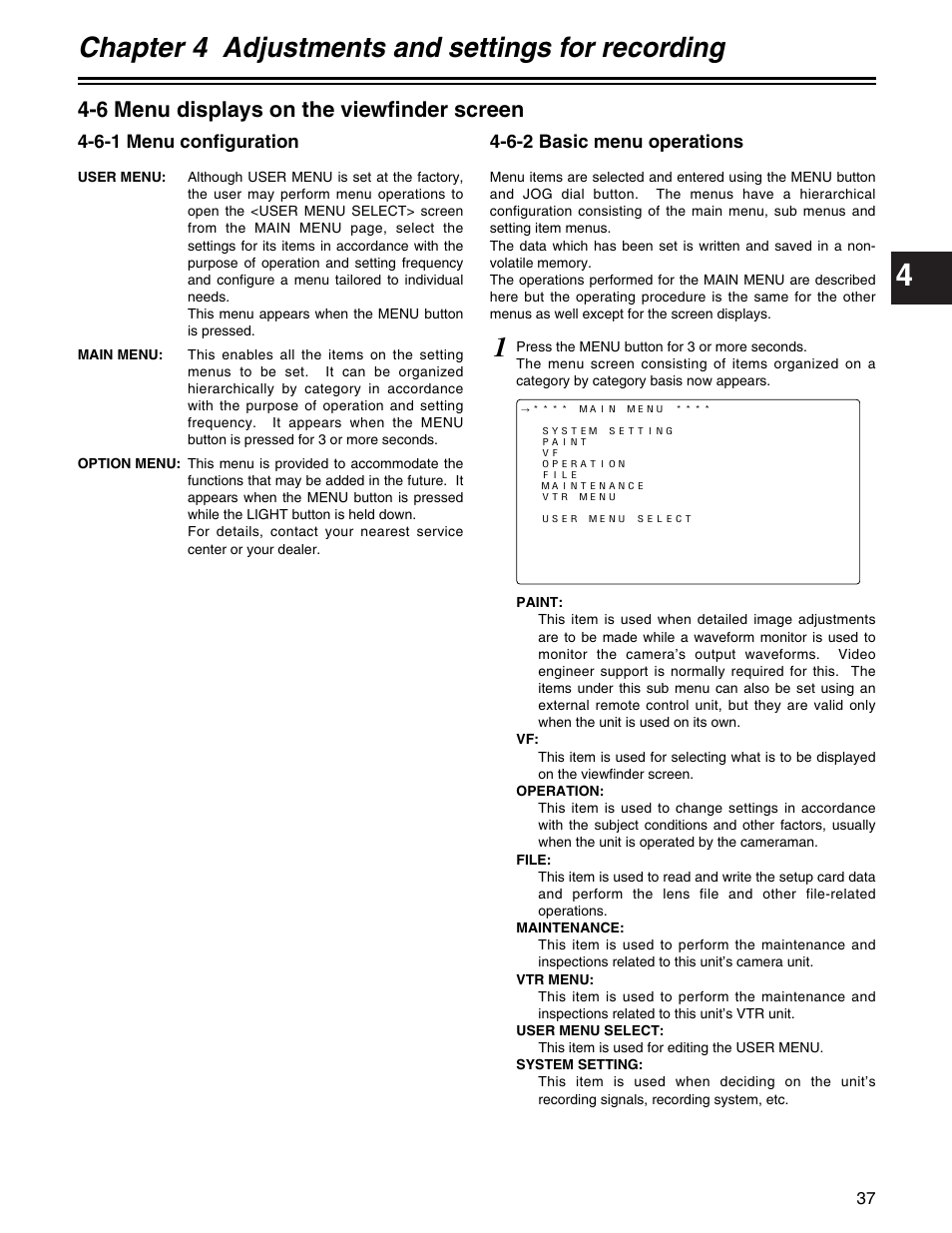 Chapter 4 adjustments and settings for recording, 6 menu displays on the viewfinder screen | Panasonic AJ- E User Manual | Page 37 / 108