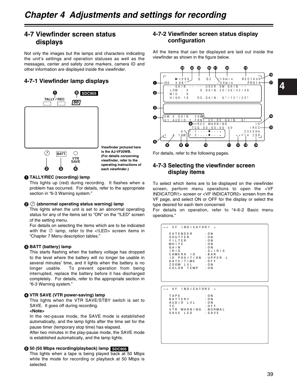 Chapter 4 adjustments and settings for recording, 7 viewfinder screen status displays, 7-2 viewfinder screen status display configuration | 7-3 selecting the viewfinder screen display items, 7-1 viewfinder lamp displays | Panasonic AJ- E User Manual | Page 39 / 108