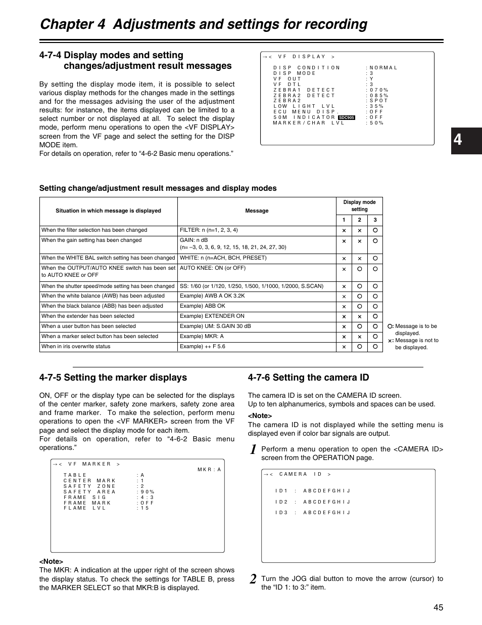 Chapter 4 adjustments and settings for recording, 7-6 setting the camera id, 7-5 setting the marker displays | Panasonic AJ- E User Manual | Page 45 / 108