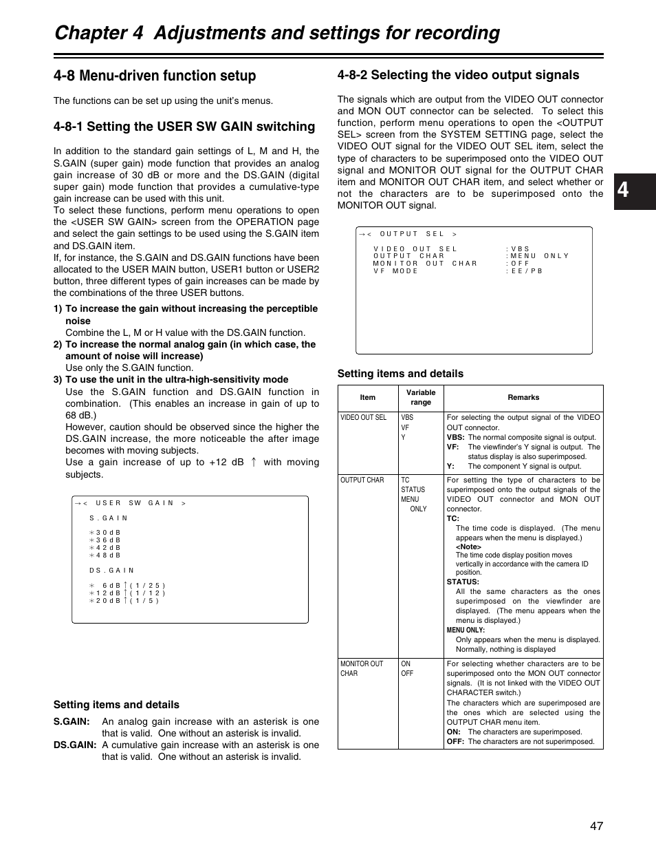 Chapter 4 adjustments and settings for recording, 8 menu-driven function setup, 8-1 setting the user sw gain switching | 8-2 selecting the video output signals | Panasonic AJ- E User Manual | Page 47 / 108